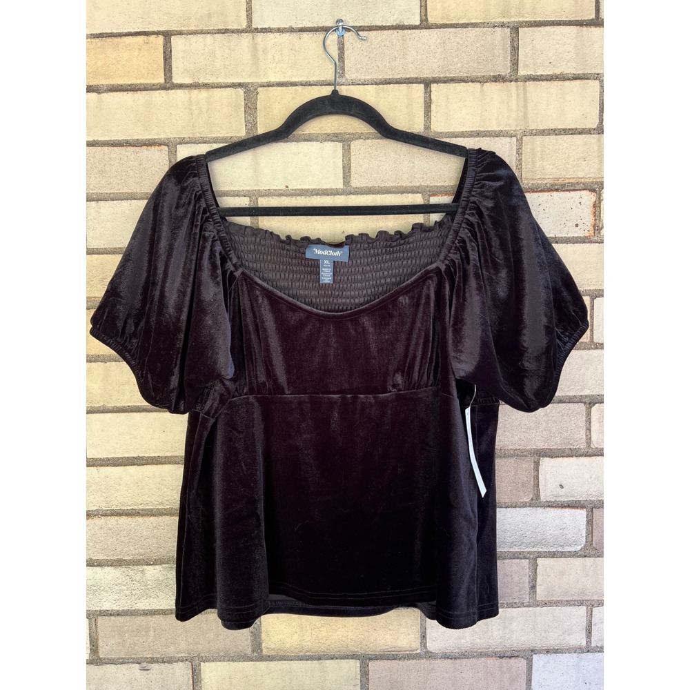 ModCloth Black Velvet Smocked Back Puff Sleeve Babydoll Crop Top Size XL NWT